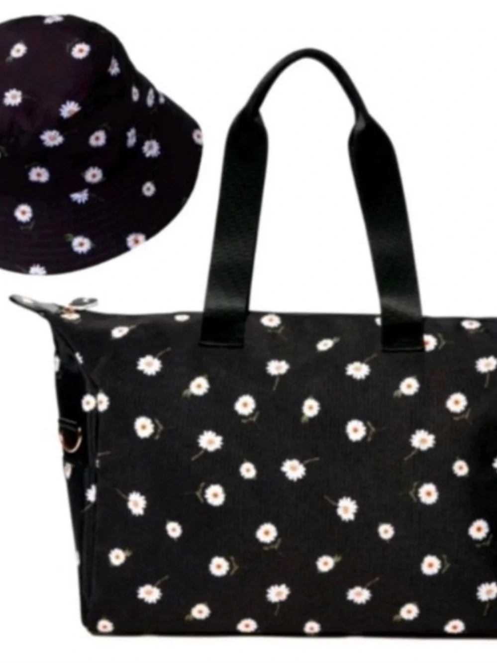 Black Daisy Print Weekender Tote Bag - Stylish Everyday Carry